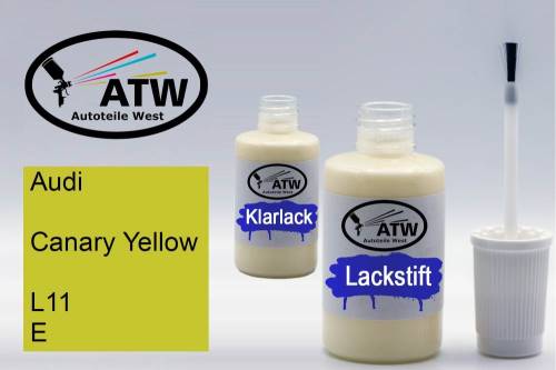 Audi, Canary Yellow, L11 E: 20ml Lackstift + 20ml Klarlack - Set, von ATW Autoteile West.